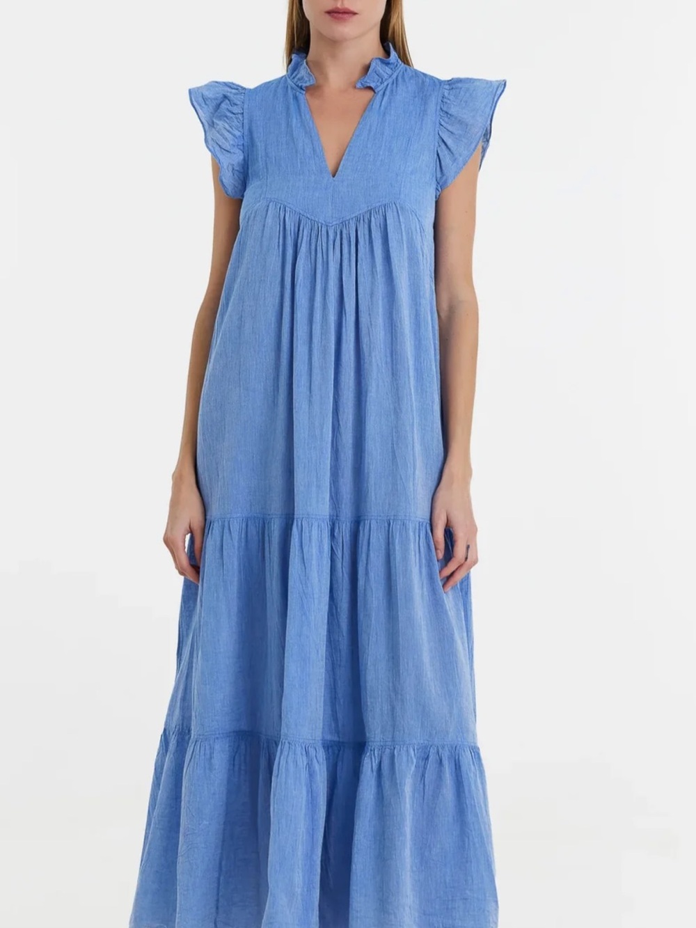 Devotion TWINS Sky Blue Tiered Maxi Dress with Ruffle Shoulders